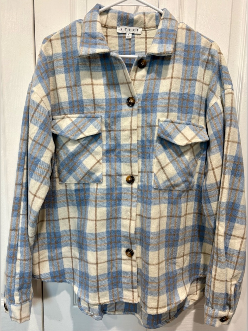 HYFVE Plaid Shacket Jacket Womens Large Blue Cream Button Front Overshirt